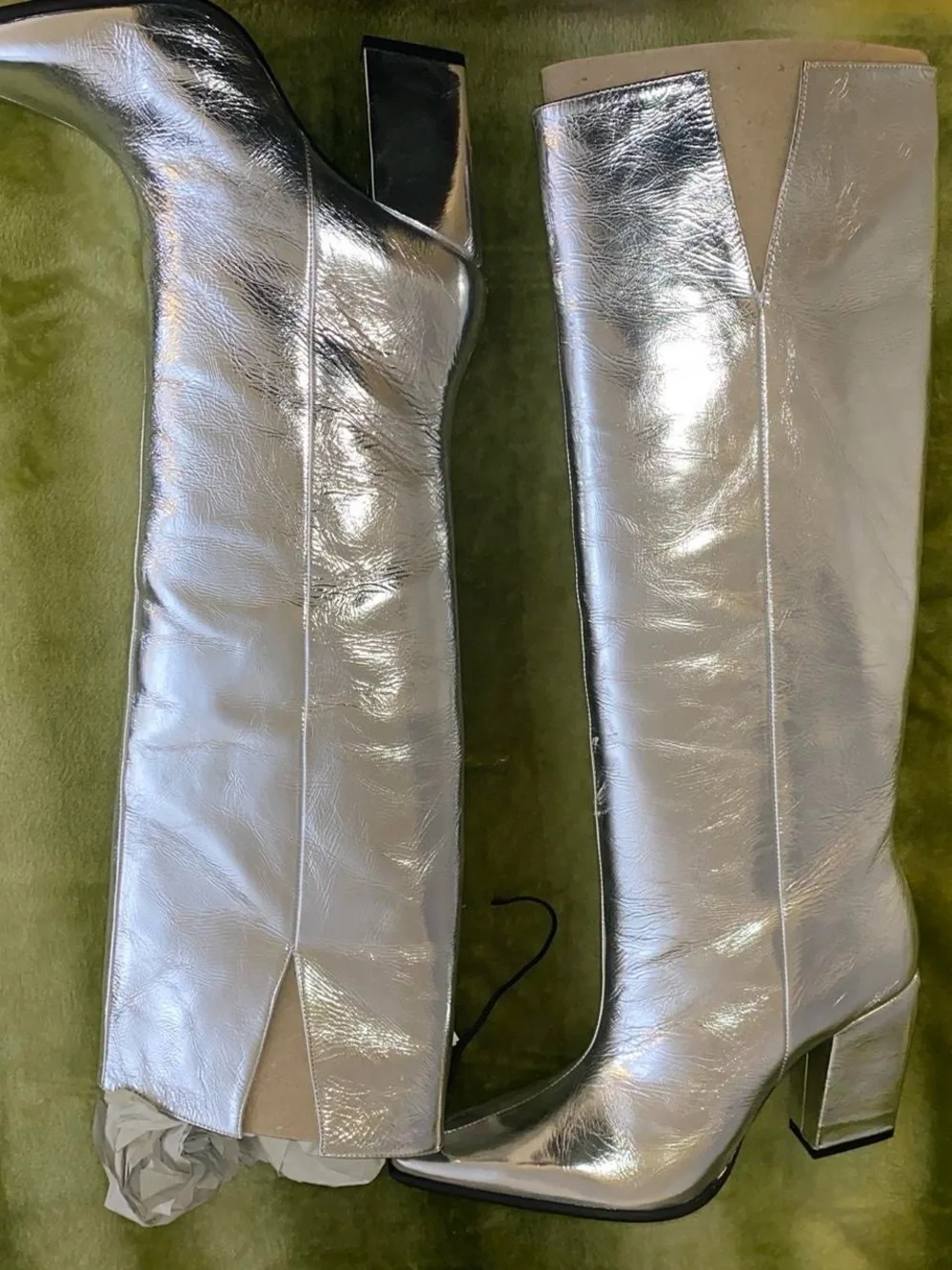 Silver Knee-High Block Heel Boots - Women